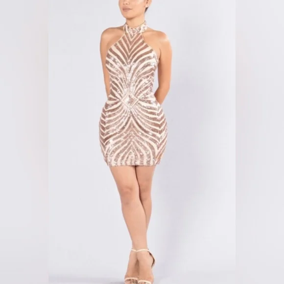 Fashion NOVA rose gold glittery Diva Vibes mini dress size Medium - Picture 1 of 12